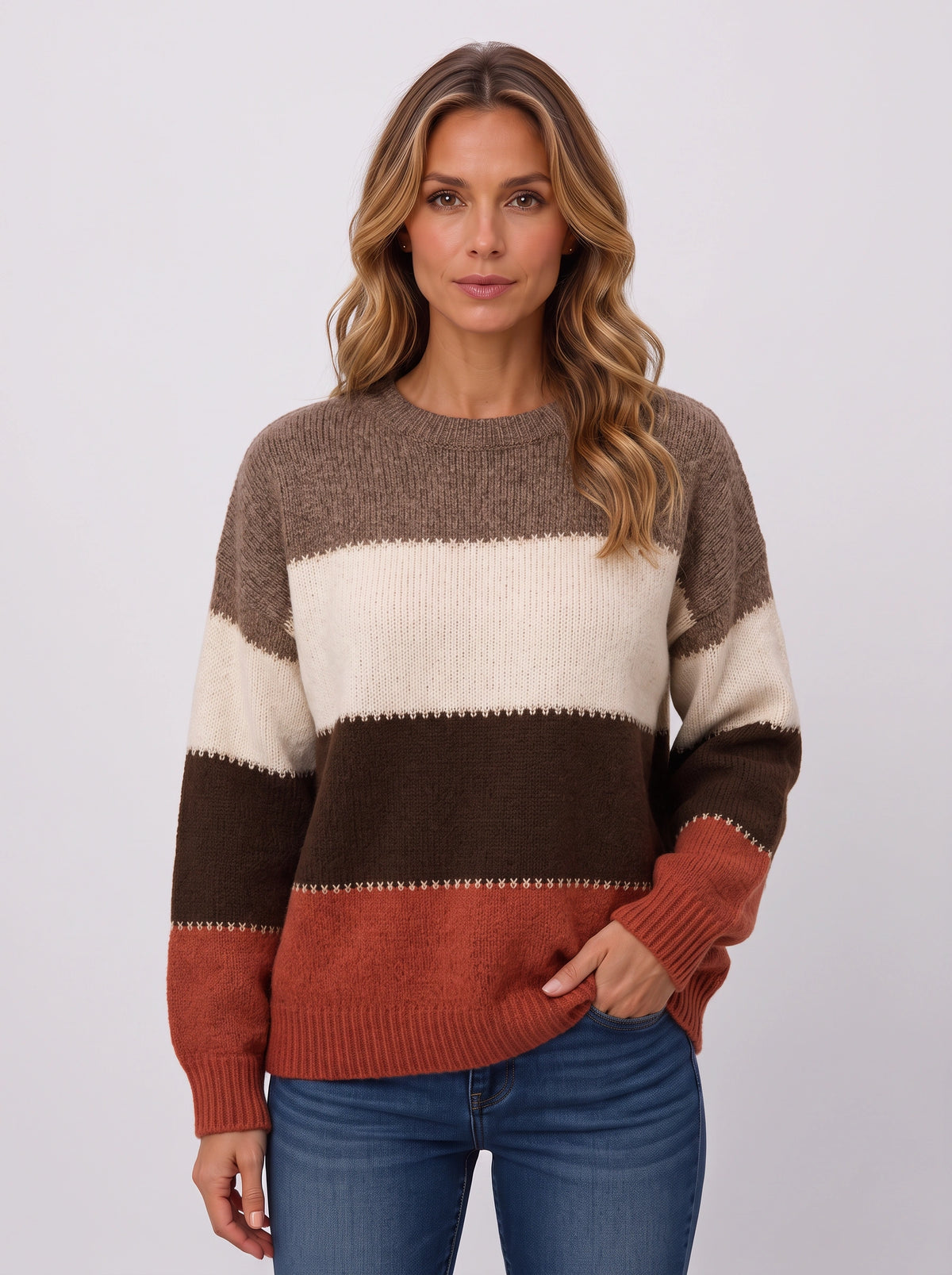 Ziggora Striped Crew Neck Jumper – Women Colour Block Knit Sweater Casual Autumn Oversized Pullover