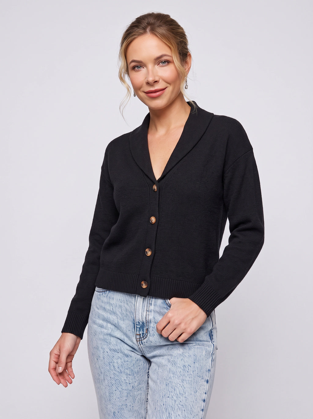 Shawlyn Ribbed Shawl Collar Cardigan – Knit Button-Front Women Autumn Office Casual Ribbed Cardigan
