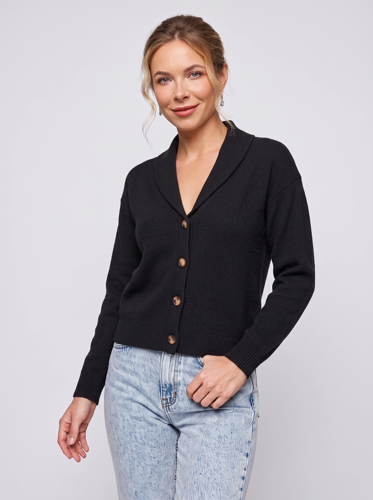 Shawlyn Ribbed Shawl Collar Cardigan – Knit Button-Front Women Autumn Office Casual Ribbed Cardigan