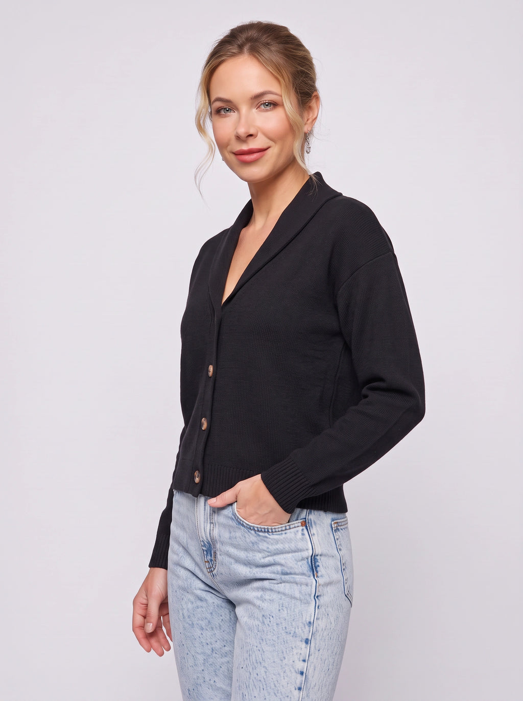 Shawlyn Ribbed Shawl Collar Cardigan – Knit Button-Front Women Autumn Office Casual Ribbed Cardigan