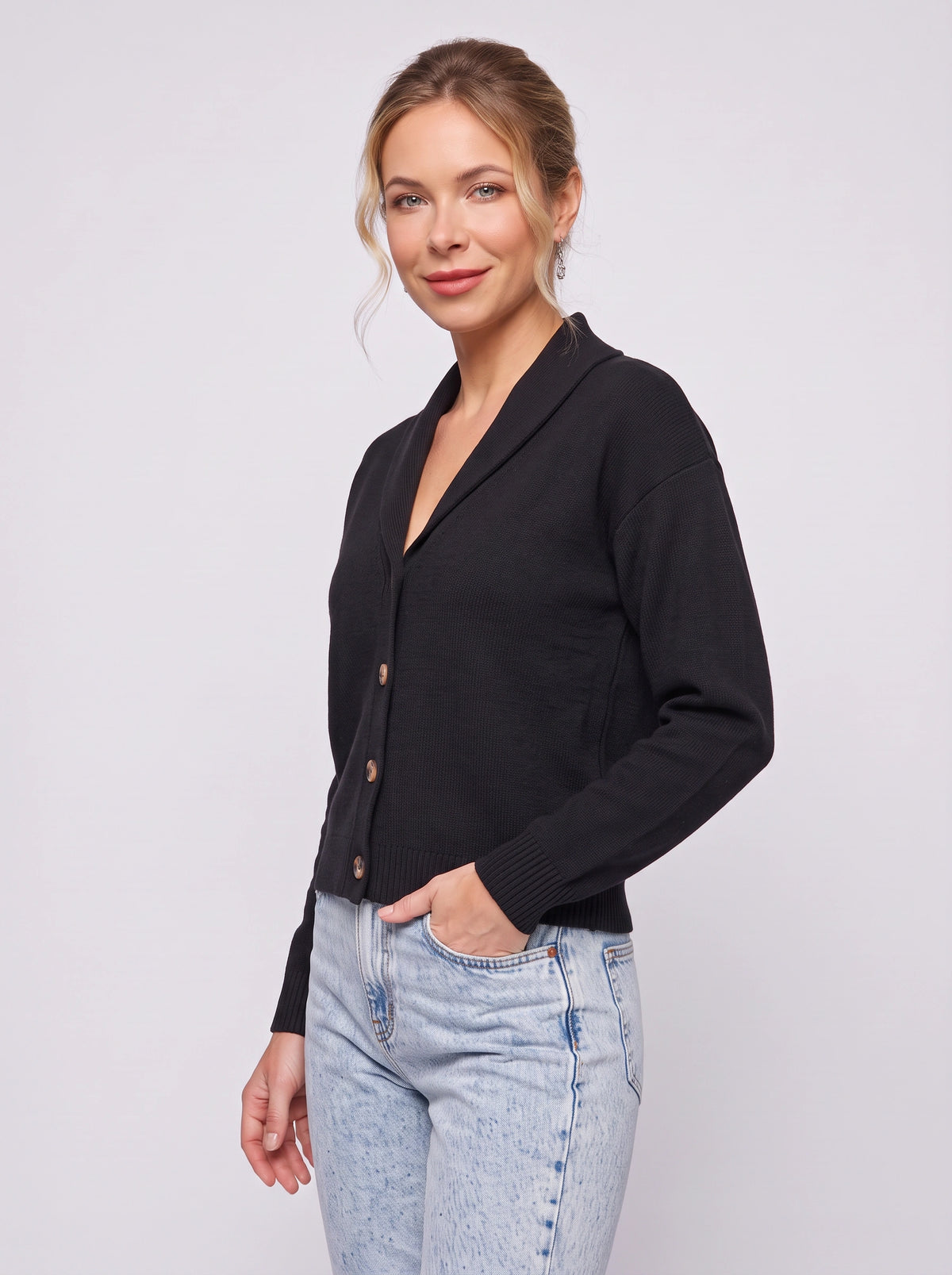 Shawlyn Ribbed Shawl Collar Cardigan – Knit Button-Front Women Autumn Office Casual Ribbed Cardigan