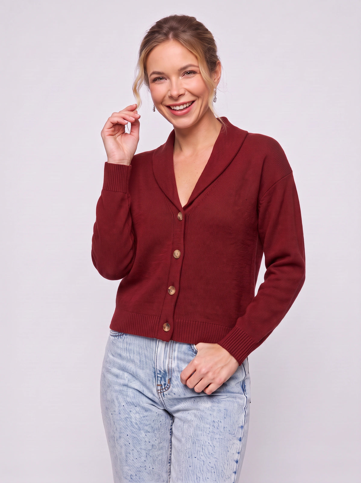 Shawlyn Ribbed Shawl Collar Cardigan – Knit Button-Front Women Autumn Office Casual Ribbed Cardigan