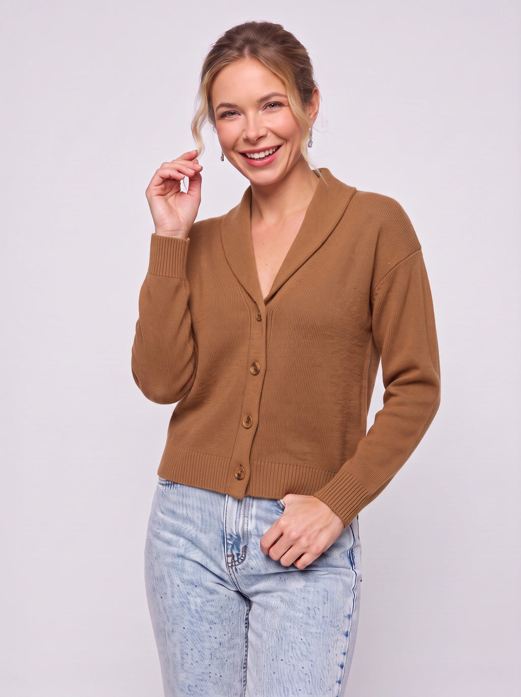 Shawlyn Ribbed Shawl Collar Cardigan – Knit Button-Front Women Autumn Office Casual Ribbed Cardigan