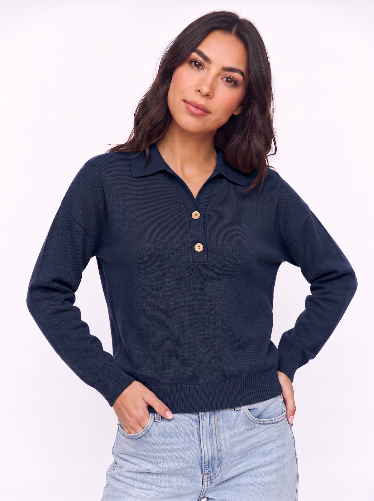 Ribbidge Collared Knit Polo Top – Women Casual Autumn Winter Knitwear Long Sleeve Jumper Ladies