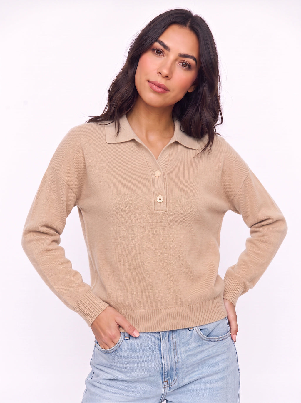 Ribbidge Collared Knit Polo Top – Women Casual Autumn Winter Knitwear Long Sleeve Jumper Ladies