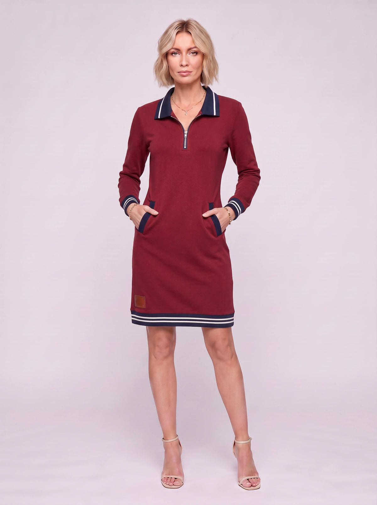 Trimvar Zip Neck Sweat Mini Dress – Long Sleeve Jersey Women Casual Autumn Weekend Loungewear Mini Dress