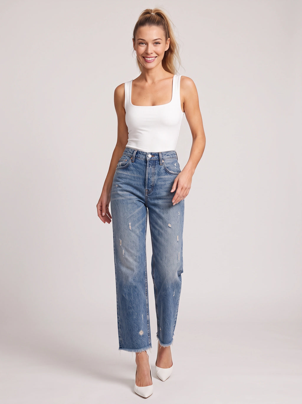 Frayden Distressed Straight Leg Jeans – High-Waist Women Casual Denim Cropped Jeans
