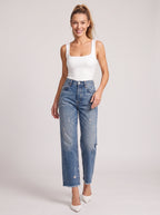 Frayden Distressed Straight Leg Jeans – High-Waist Women Casual Denim Cropped Jeans