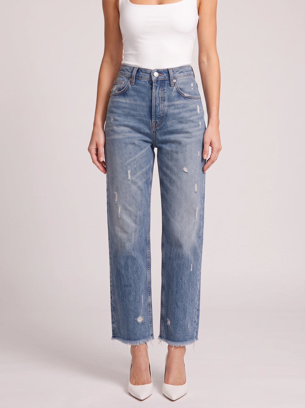 Frayden Distressed Straight Leg Jeans – High-Waist Women Casual Denim Cropped Jeans