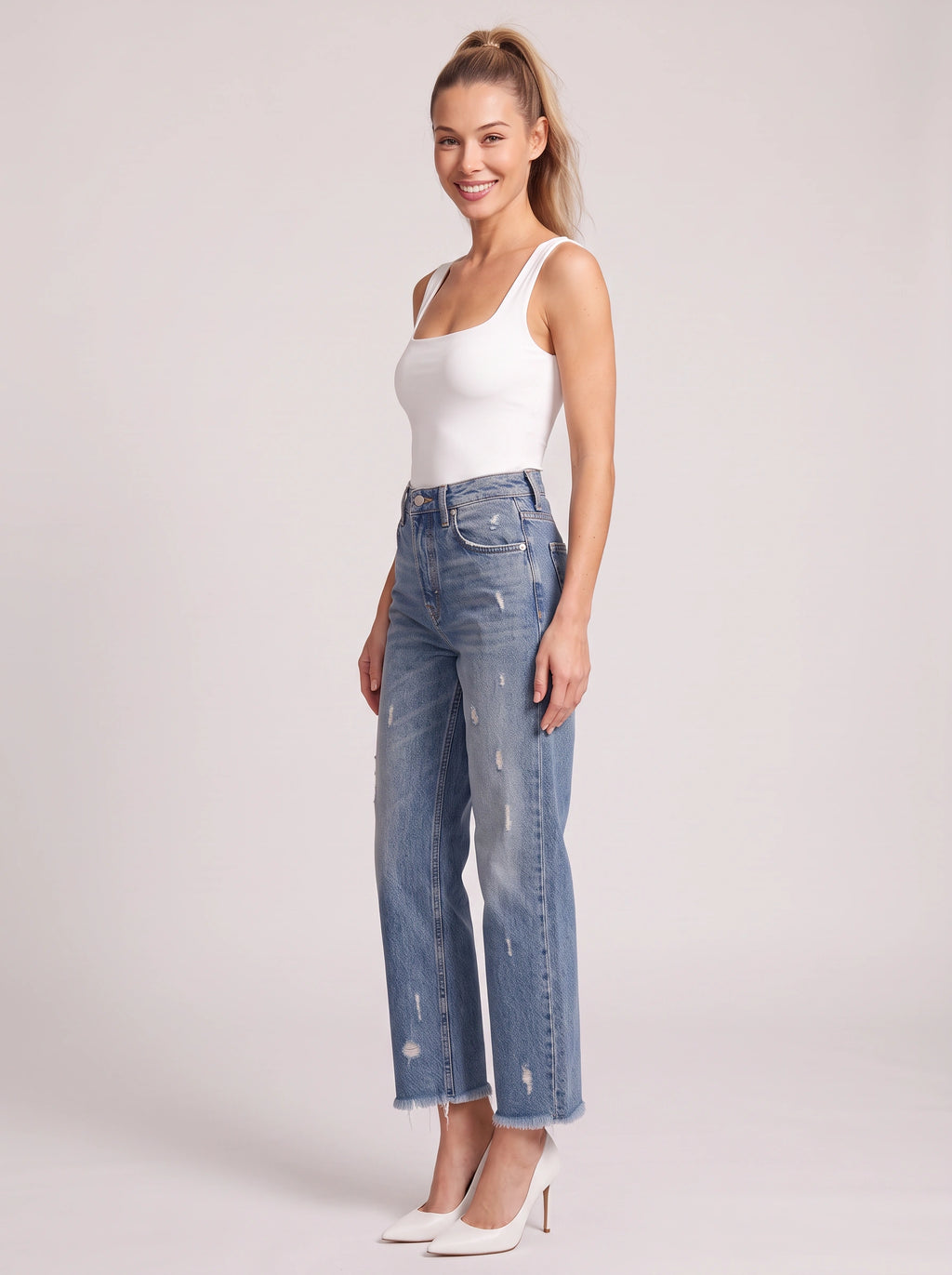 Frayden Distressed Straight Leg Jeans – High-Waist Women Casual Denim Cropped Jeans