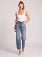 Frayden Distressed Straight Leg Jeans – High-Waist Women Casual Denim Cropped Jeans
