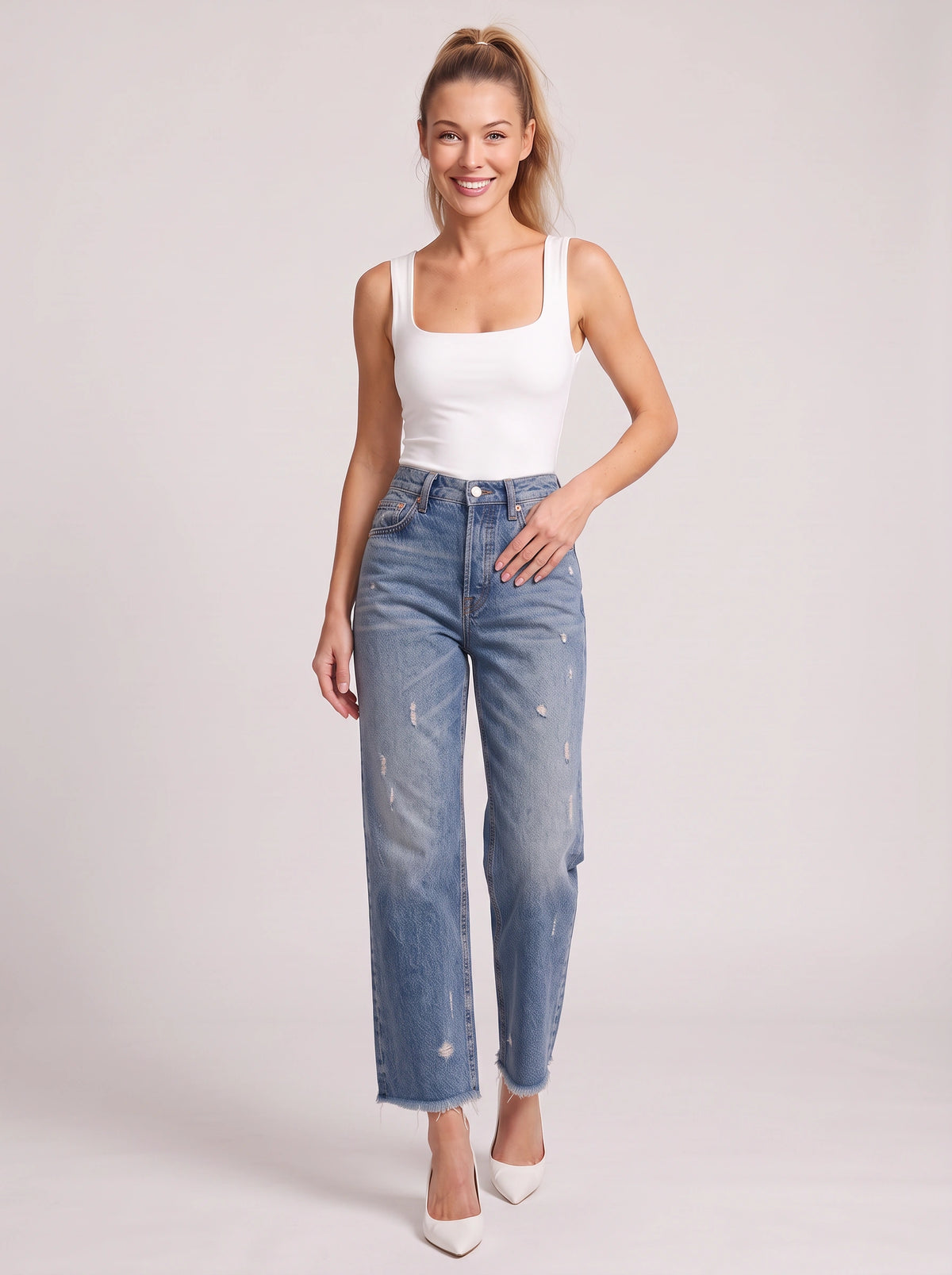 Frayden Distressed Straight Leg Jeans – High-Waist Women Casual Denim Cropped Jeans