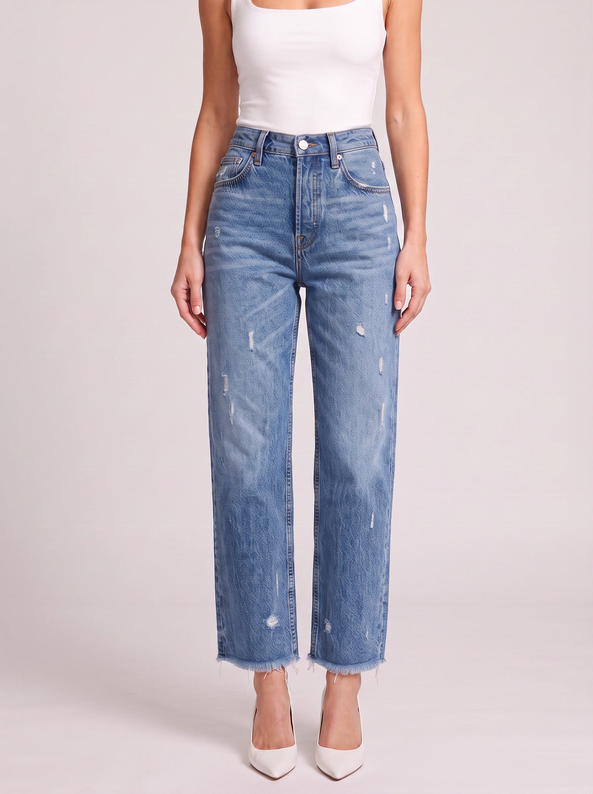 Frayden Distressed Straight Leg Jeans – High-Waist Women Casual Denim Cropped Jeans