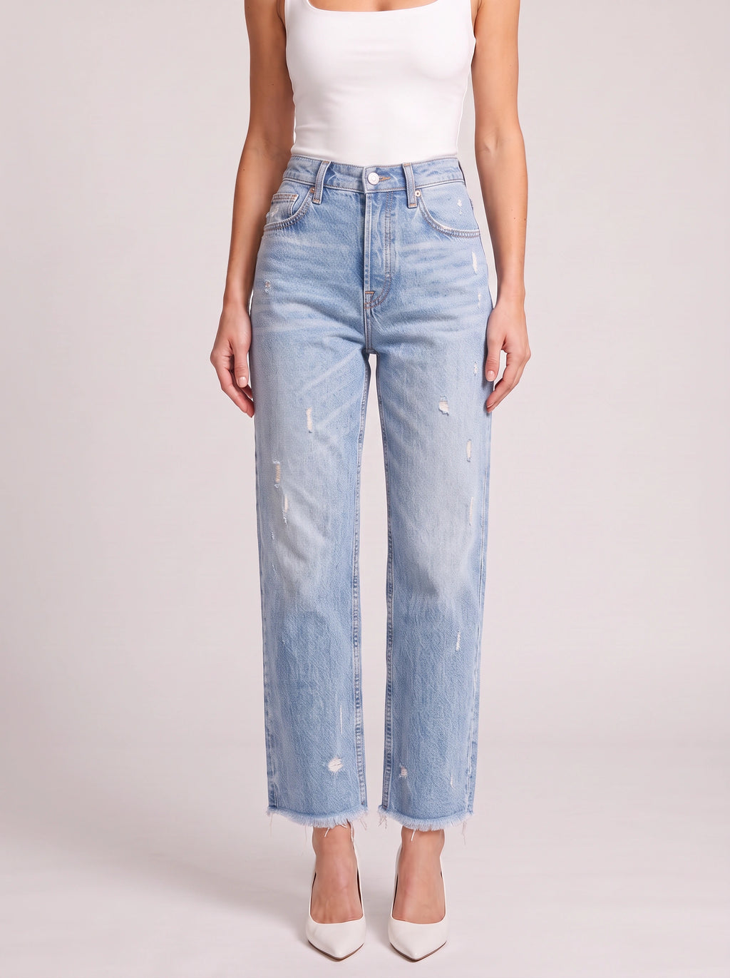 Frayden Distressed Straight Leg Jeans – High-Waist Women Casual Denim Cropped Jeans