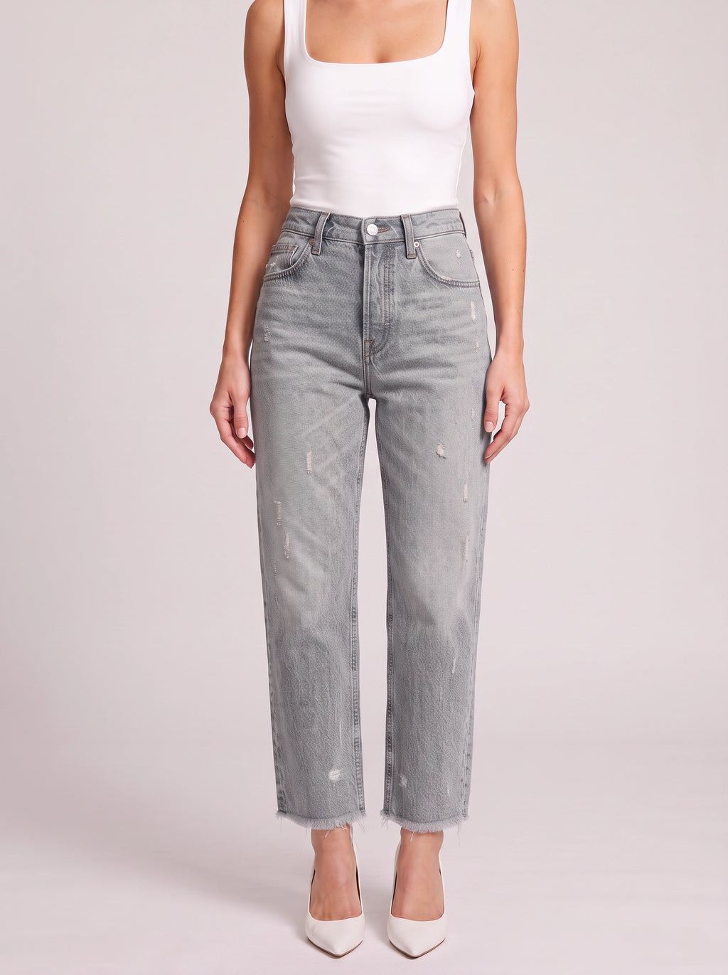 Frayden Distressed Straight Leg Jeans – High-Waist Women Casual Denim Cropped Jeans