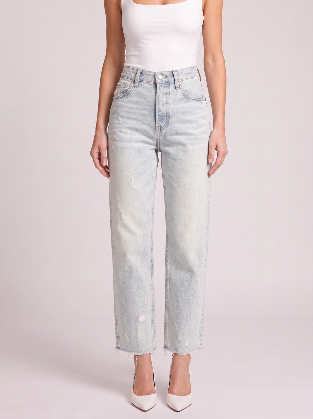 Frayden Distressed Straight Leg Jeans – High-Waist Women Casual Denim Cropped Jeans