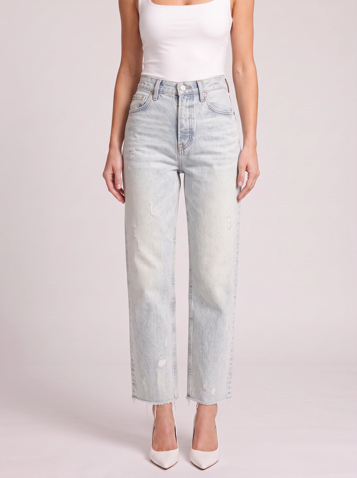Frayden Distressed Straight Leg Jeans – High-Waist Women Casual Denim Cropped Jeans