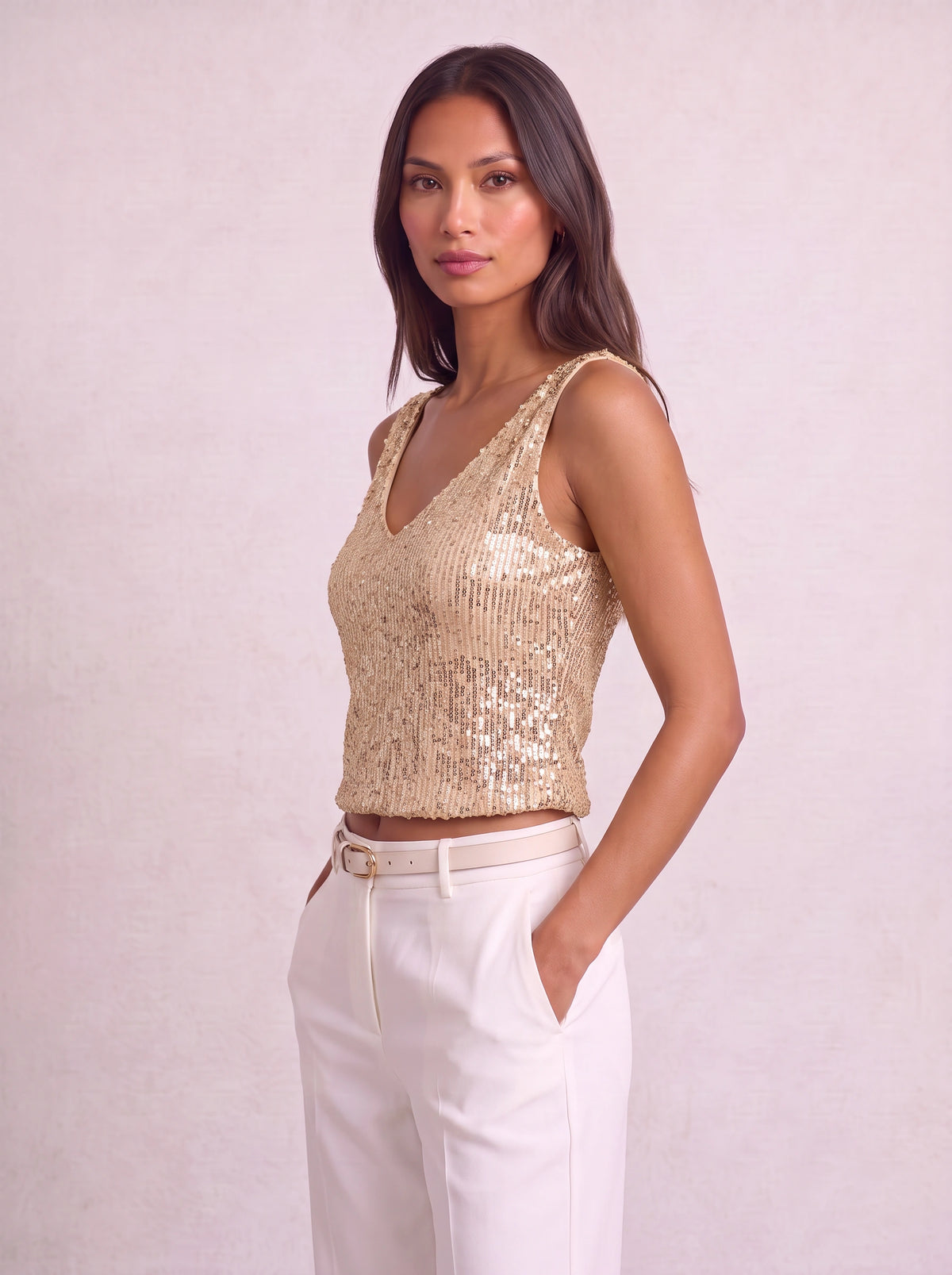 Ribrova Sequin V-Neck Crop Top – Embellished Party Women Evening Sleeveless Occasion Crop Top
