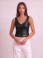 Ribrova Sequin V-Neck Crop Top – Embellished Party Women Evening Sleeveless Occasion Crop Top