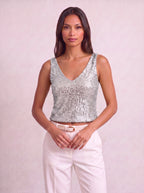 Ribrova Sequin V-Neck Crop Top – Embellished Party Women Evening Sleeveless Occasion Crop Top