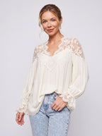 Scalédje Lace V-Neck Blouse – Women Boho Romantic Long Sleeve Balloon Cuff Fall Autumn Top