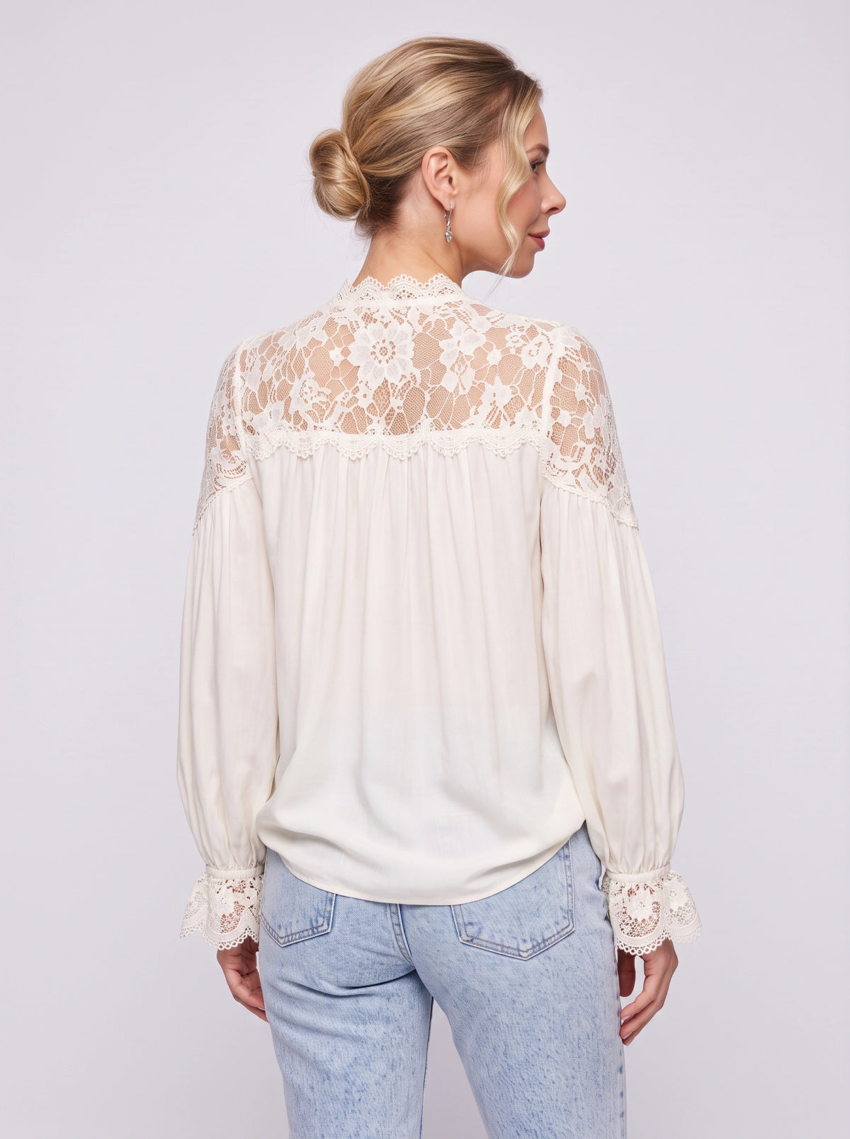 Scalédje Lace V-Neck Blouse – Women Boho Romantic Long Sleeve Balloon Cuff Fall Autumn Top