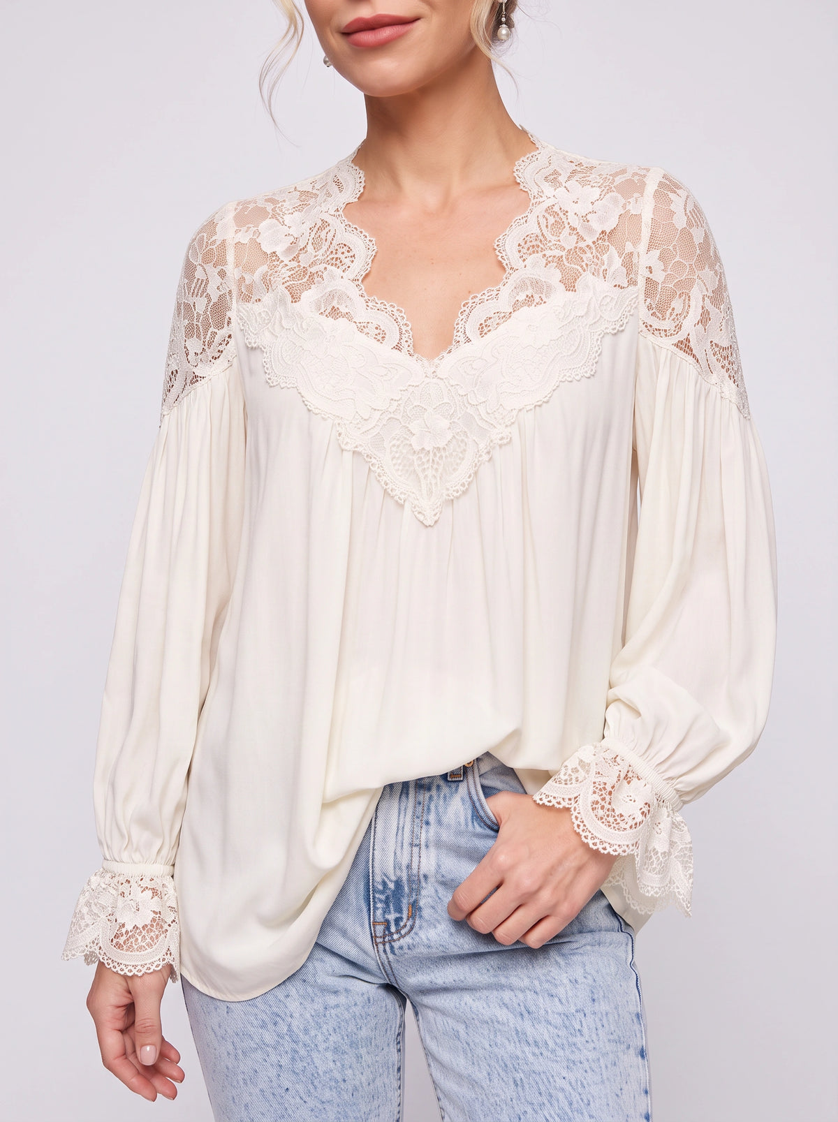 Scalédje Lace V-Neck Blouse – Women Boho Romantic Long Sleeve Balloon Cuff Fall Autumn Top