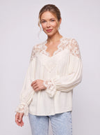 Scalédje Lace V-Neck Blouse – Women Boho Romantic Long Sleeve Balloon Cuff Fall Autumn Top