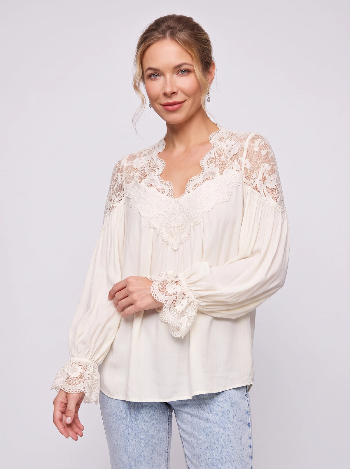 Scalédje Lace V-Neck Blouse – Women Boho Romantic Long Sleeve Balloon Cuff Fall Autumn Top