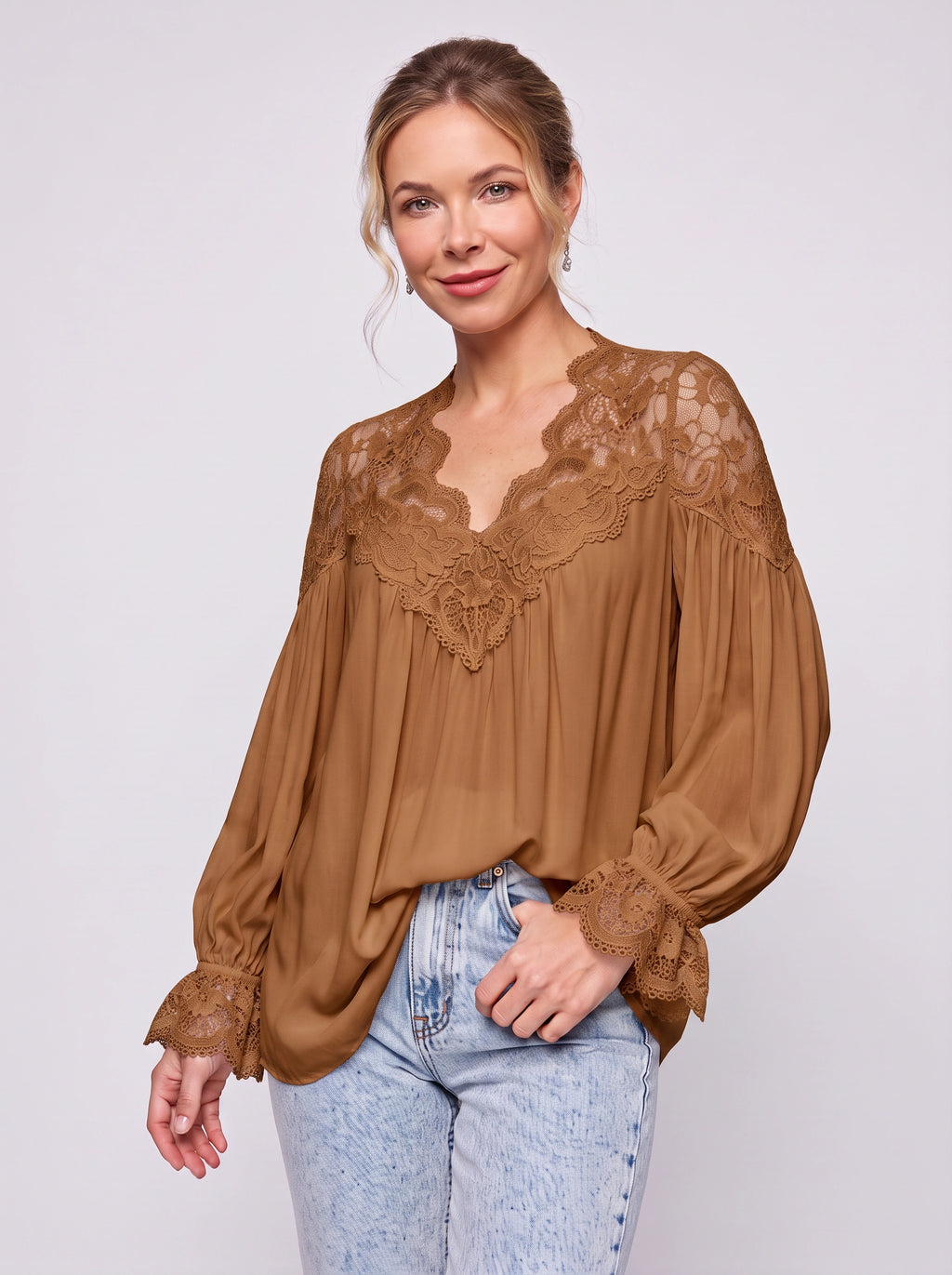 Scalédje Lace V-Neck Blouse – Women Boho Romantic Long Sleeve Balloon Cuff Fall Autumn Top
