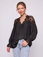 Scalédje Lace V-Neck Blouse – Women Boho Romantic Long Sleeve Balloon Cuff Fall Autumn Top