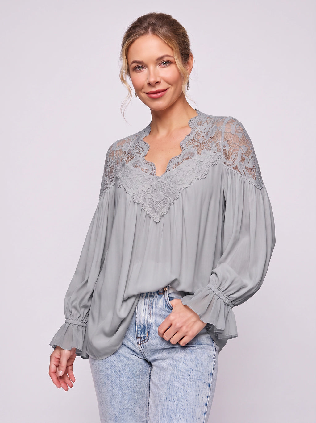 Scalédje Lace V-Neck Blouse – Women Boho Romantic Long Sleeve Balloon Cuff Fall Autumn Top