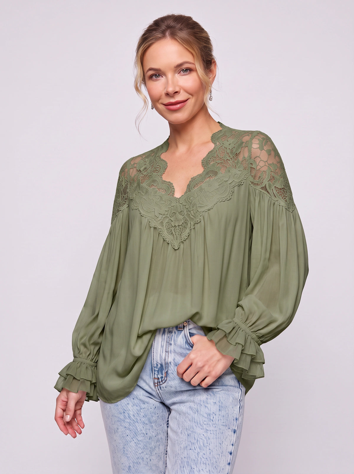 Scalédje Lace V-Neck Blouse – Women Boho Romantic Long Sleeve Balloon Cuff Fall Autumn Top