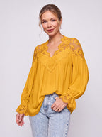 Scalédje Lace V-Neck Blouse – Women Boho Romantic Long Sleeve Balloon Cuff Fall Autumn Top