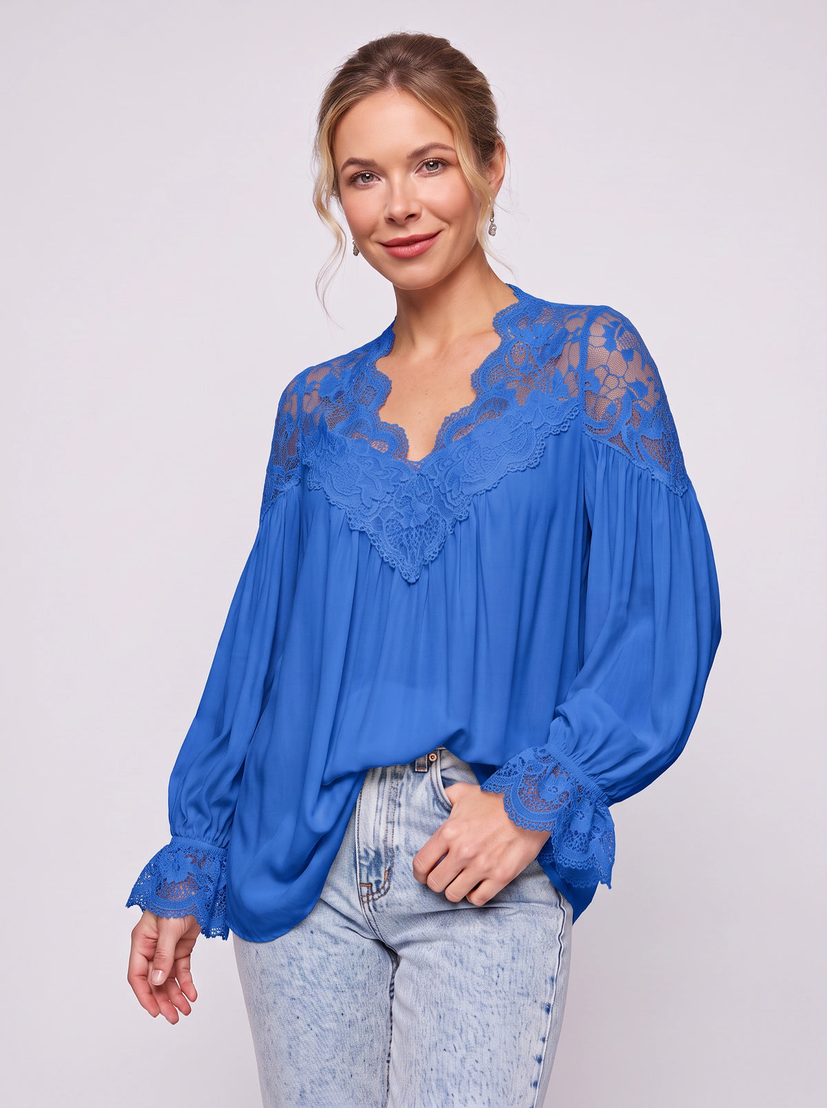 Scalédje Lace V-Neck Blouse – Women Boho Romantic Long Sleeve Balloon Cuff Fall Autumn Top