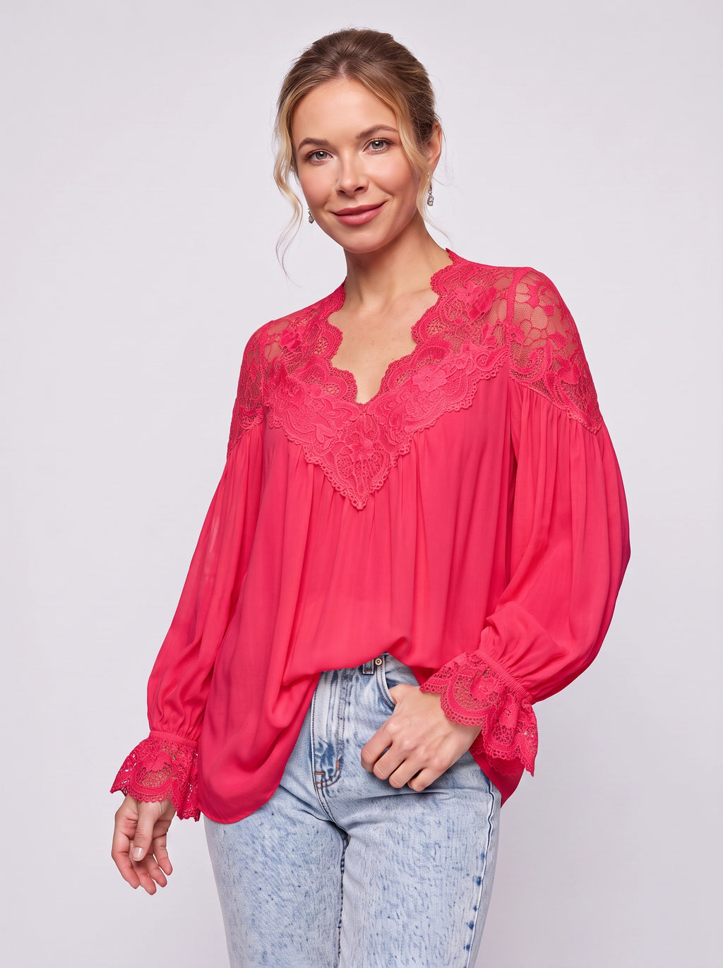Scalédje Lace V-Neck Blouse – Women Boho Romantic Long Sleeve Balloon Cuff Fall Autumn Top