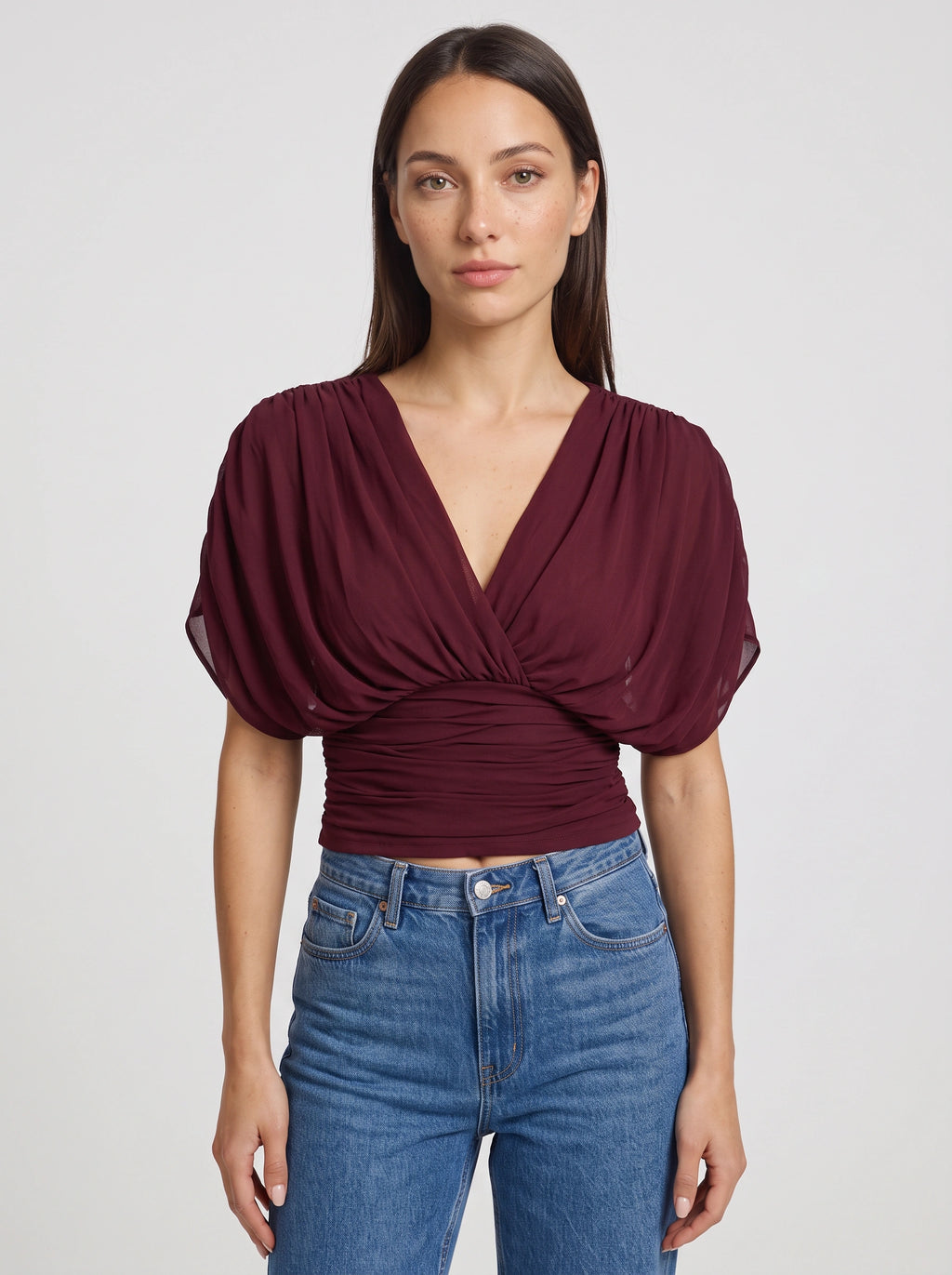 Ruchbane Ruched Wrap Crop Top – V-Neck Batwing Sleeve Women Autumn Evening Party Crop Top