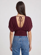 Ruchbane Ruched Wrap Crop Top – V-Neck Batwing Sleeve Women Autumn Evening Party Crop Top