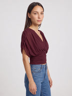 Ruchbane Ruched Wrap Crop Top – V-Neck Batwing Sleeve Women Autumn Evening Party Crop Top