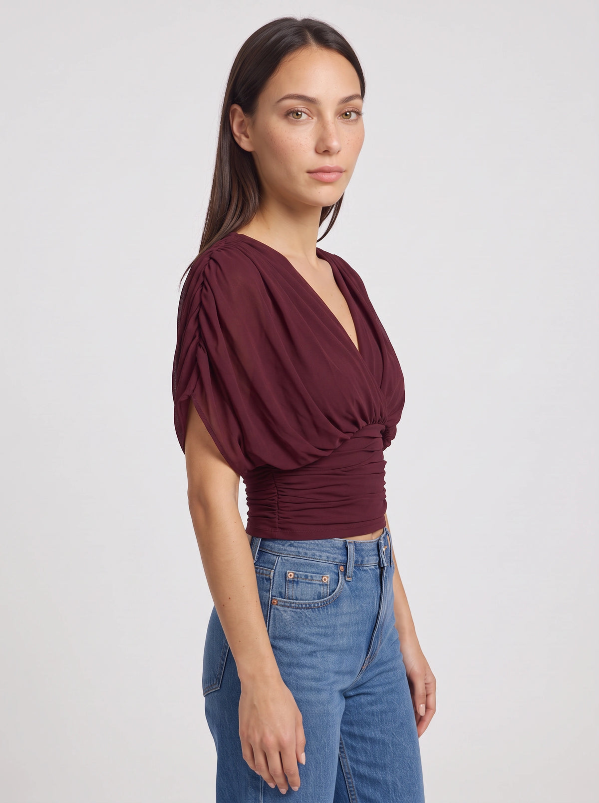 Ruchbane Ruched Wrap Crop Top – V-Neck Batwing Sleeve Women Autumn Evening Party Crop Top