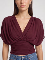 Ruchbane Ruched Wrap Crop Top – V-Neck Batwing Sleeve Women Autumn Evening Party Crop Top