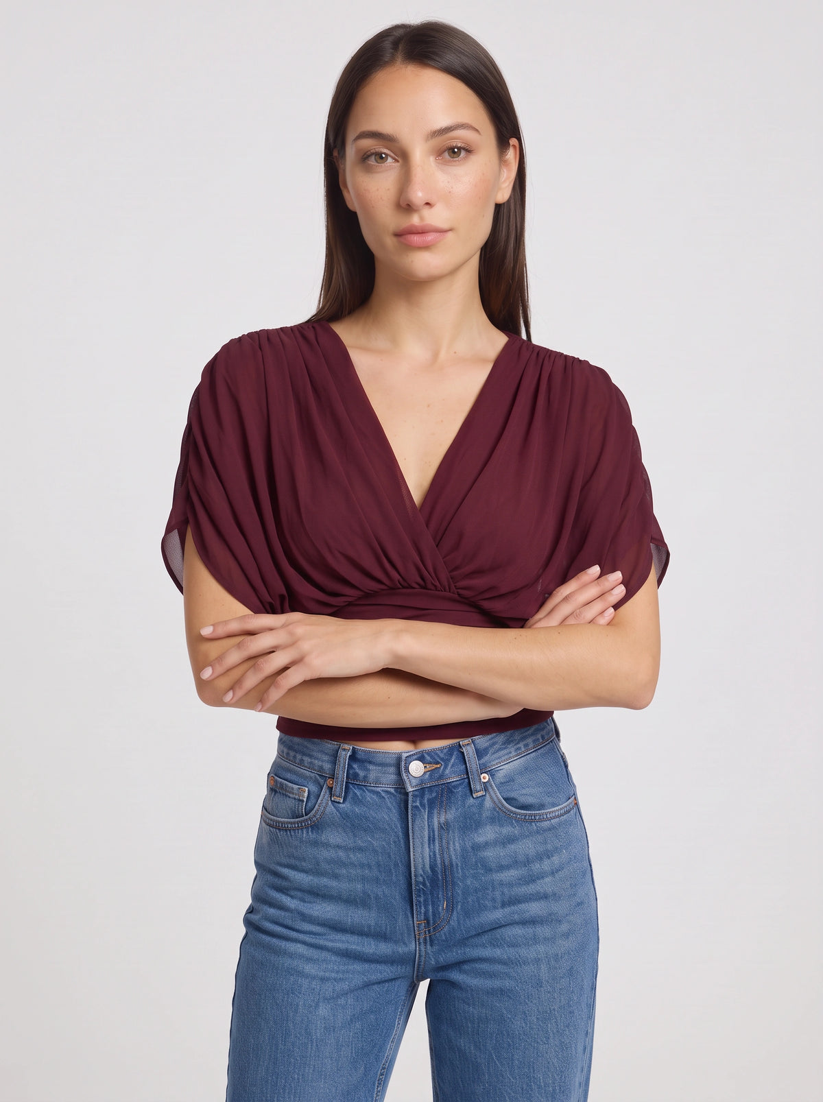 Ruchbane Ruched Wrap Crop Top – V-Neck Batwing Sleeve Women Autumn Evening Party Crop Top