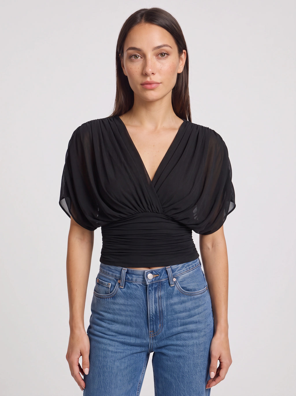 Ruchbane Ruched Wrap Crop Top – V-Neck Batwing Sleeve Women Autumn Evening Party Crop Top