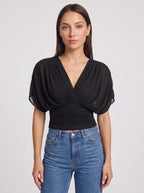 Ruchbane Ruched Wrap Crop Top – V-Neck Batwing Sleeve Women Autumn Evening Party Crop Top