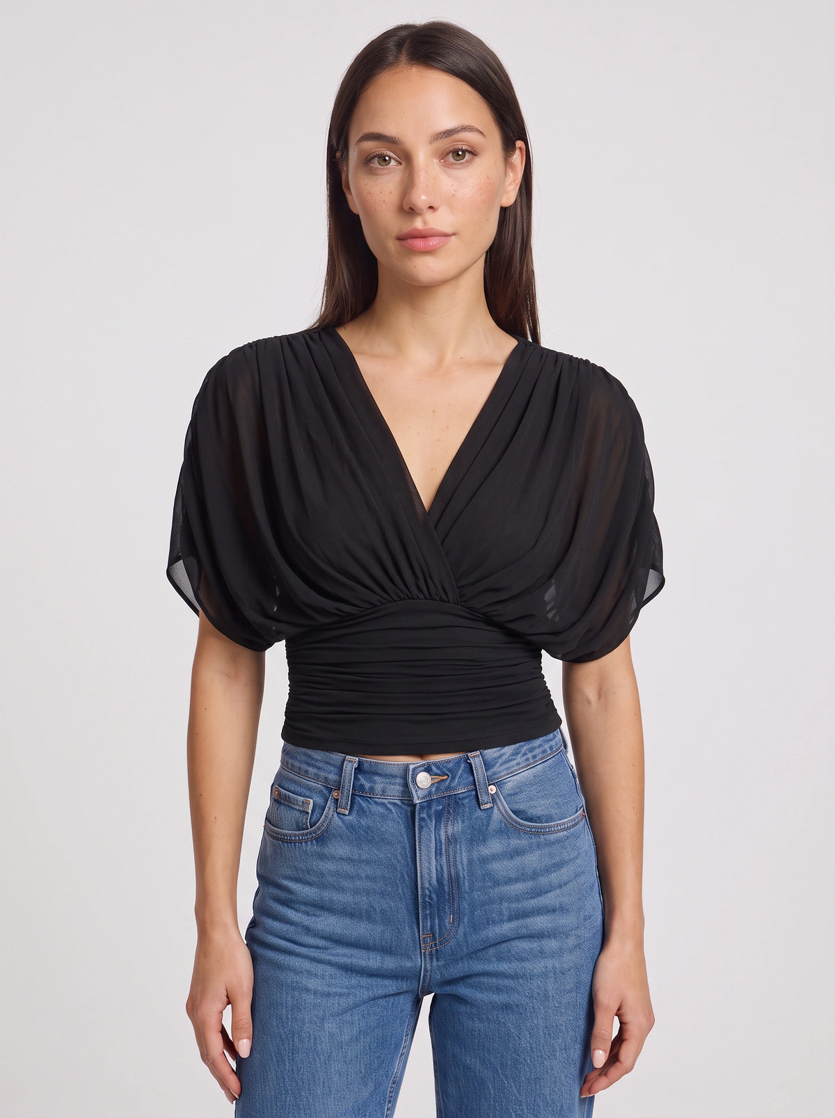 Ruchbane Ruched Wrap Crop Top – V-Neck Batwing Sleeve Women Autumn Evening Party Crop Top
