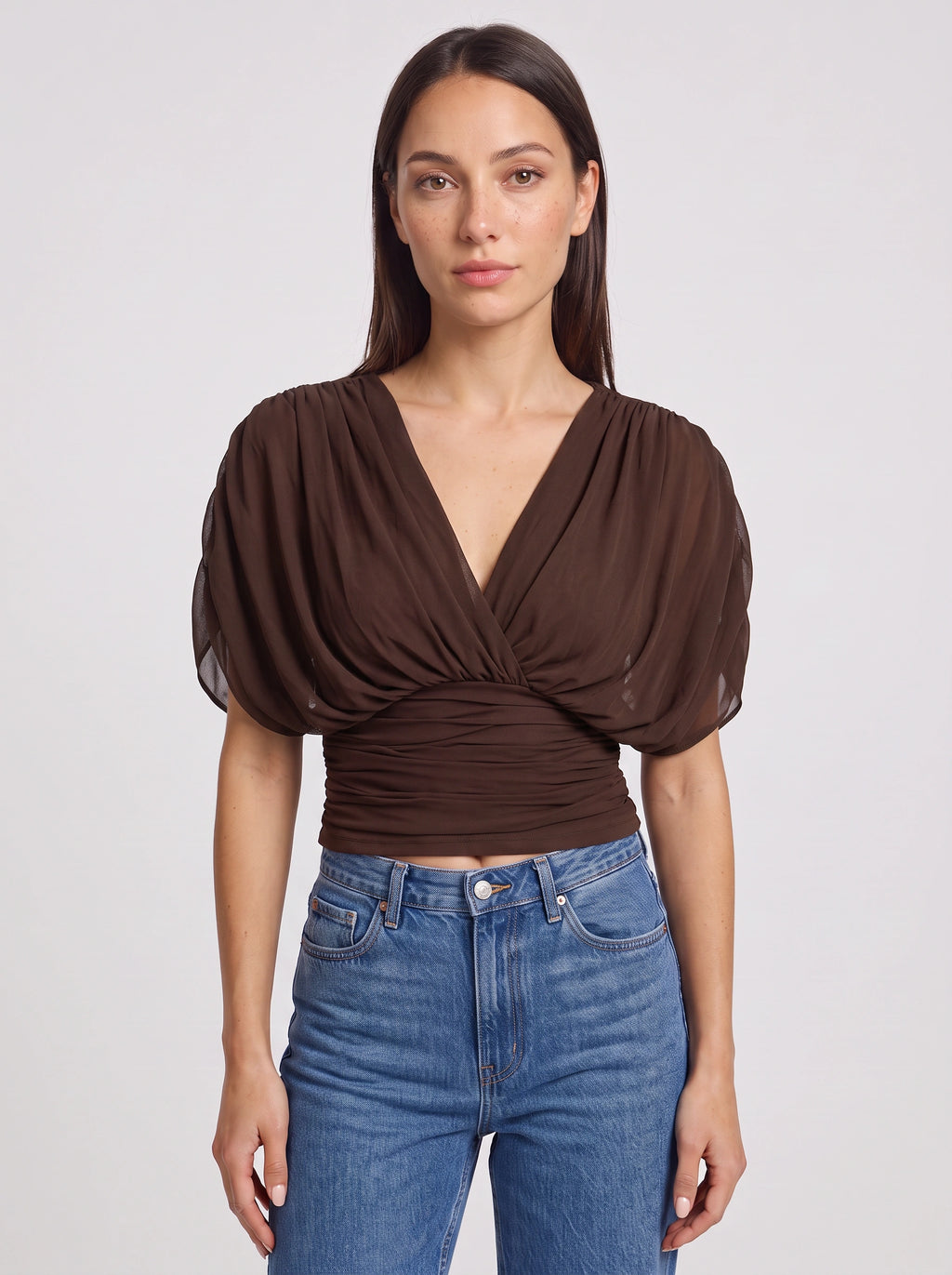 Ruchbane Ruched Wrap Crop Top – V-Neck Batwing Sleeve Women Autumn Evening Party Crop Top