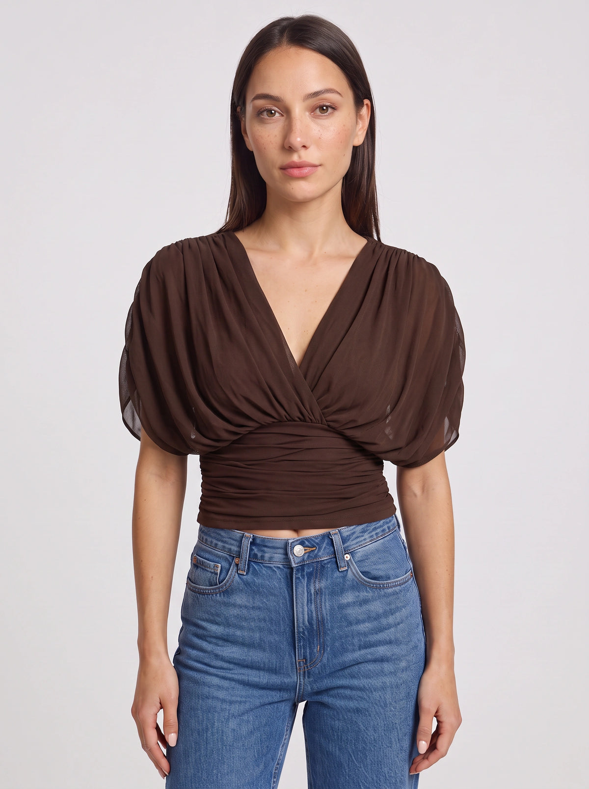 Ruchbane Ruched Wrap Crop Top – V-Neck Batwing Sleeve Women Autumn Evening Party Crop Top