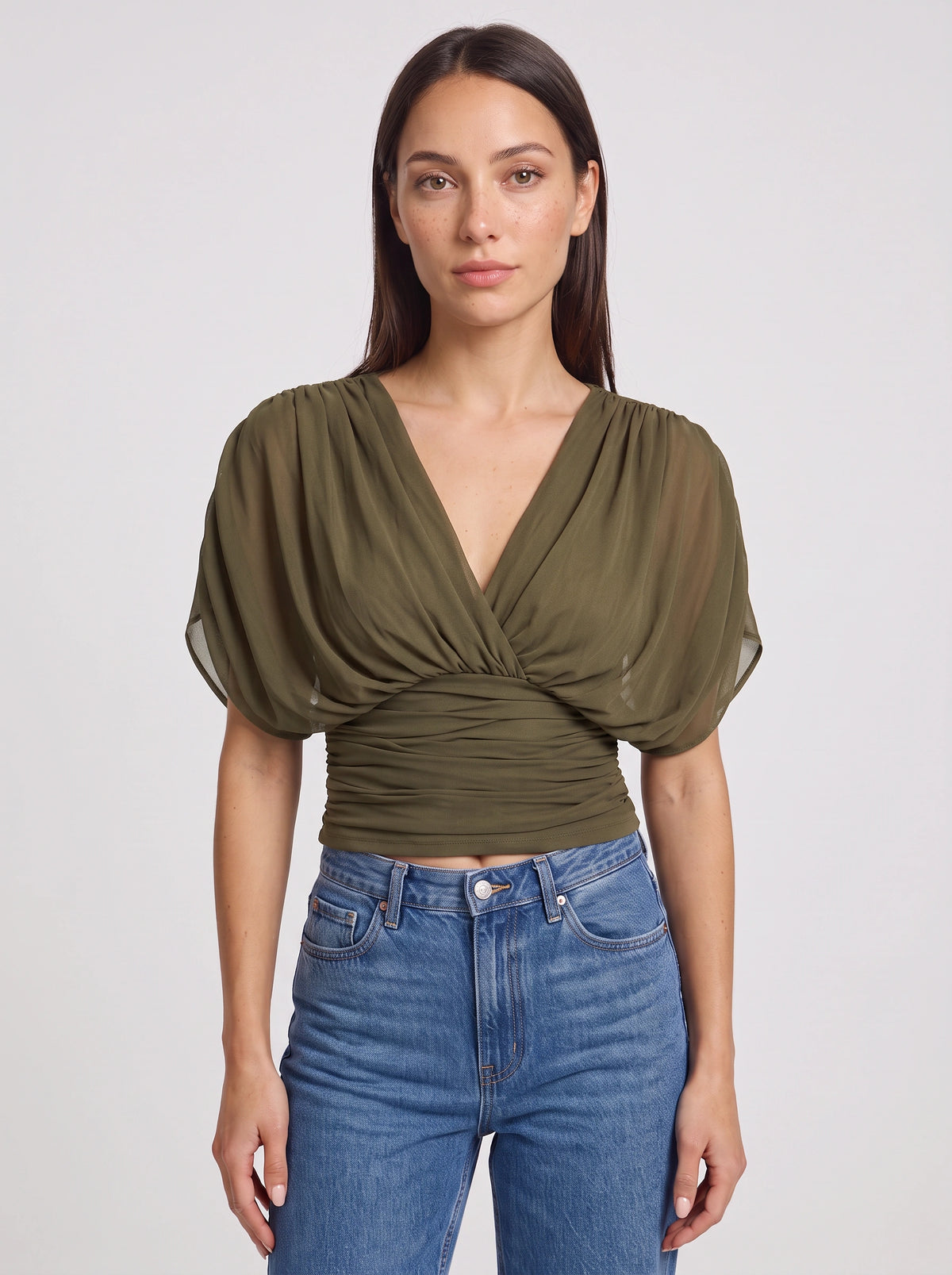 Ruchbane Ruched Wrap Crop Top – V-Neck Batwing Sleeve Women Autumn Evening Party Crop Top