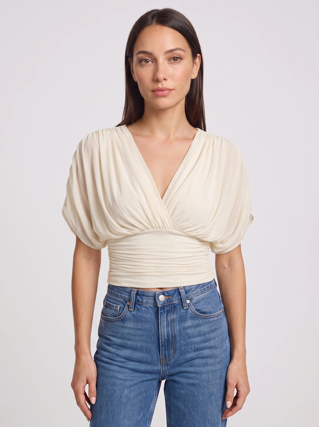 Ruchbane Ruched Wrap Crop Top – V-Neck Batwing Sleeve Women Autumn Evening Party Crop Top