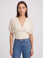 Ruchbane Ruched Wrap Crop Top – V-Neck Batwing Sleeve Women Autumn Evening Party Crop Top
